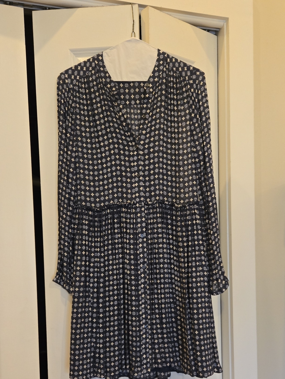Lucky Brand Navy and White Printed Long-Sleeve Button Dress